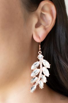 Oversized marquise cut white rhinestones fan out from a curved silver bar encrusted in glassy white rhinestones, resulting into a glamorously leafy statement piece. Earring attaches to a standard fishhook fitting. Ice Garden, Garden Gala, Copper Bar, Paparazzi Accessories, White Rhinestone, Silver Bars, Affordable Jewelry, White Earrings, Paparazzi Jewelry