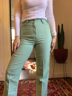 "Vintage mint green Levis pants- linen style fabric. Super comfortable and flattering cut- these seem to be a rare find! Measurements: Wait 26\" Rise 12\" Inseam 28\" Hip 32\" *Please note that the above measurements were taken by me, I do not rely on sizing information provided on garment tags." Green Cotton Jeans For Workwear, Fitted Full-length Green Bottoms, Fitted Full Length Green Bottoms, Green Stretch Straight Leg Pants, High Waist Fitted Green Bottoms, Green High Waist Fitted Bottoms, Green Fitted High Waist Bottoms, Green Jeans For Spring, Fitted High Waist Green Bottoms