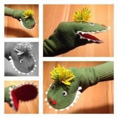 four pictures of an animal made out of knitted material, including the head and tail of a dinosaur