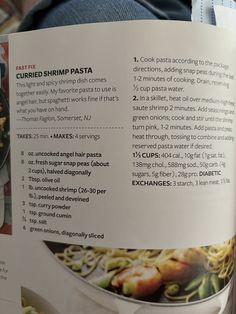 the cookbook is open to show instructions for how to make stir - fried shrimp pasta