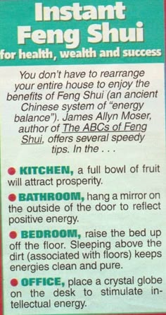 the instructions on how to use instant feng shui for health and beauty purposes