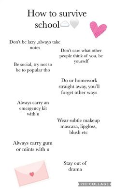 an info sheet with the words how to survive school and other things that are in it