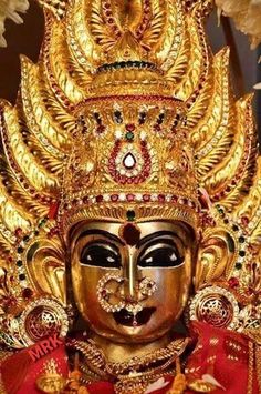 an elaborate mask with gold and red accents on it's face, surrounded by flowers