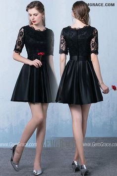 10% off now|Free shipping world-wide. Black Lace Satin Aline Party Dress With Lace Sleeves at GemGrace. Click to learn our pro custom-made service for wedding dress, formal dress. View #BridalPartyDresses for more ideas. Black A-line Satin Dress, Black Satin Dress For Prom Season, Satin Evening Dress With Lace Patchwork, Satin Dresses With Lace Sleeves, Black Satin Dress For Prom, Evening Satin Dress With Lace Sleeves, Black Satin Short Sleeve Dress, Black A-line Satin Evening Dress, Black Satin A-line Fitted Dress