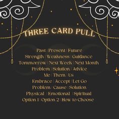 a black and gold card with the words three card pull written in white on it