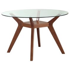 a round glass table with wooden legs