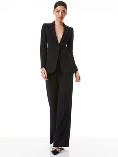 Breann Long Fitted Blazer In Black Modern Structured Pantsuit For Formal Occasions, Chic Formal Blazer With Pressed Crease, Chic Structured Business Suits, Chic Structured Single Button Suits, Chic Structured Single-button Suit, Chic Structured Suits With Single Button, Chic Structured Pantsuit With Pressed Crease, Modern Evening Blazer With Lapel Collar, Chic Single Button Formal Blazer