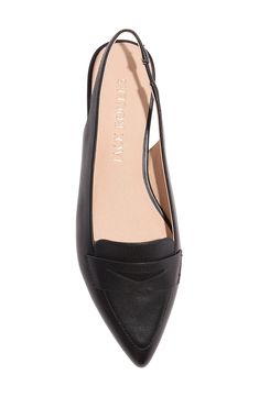 A pointy toe elevates a slingback flat with a sleek, loafer-inspired topline and penny strap. Leather upper and lining/rubber sole Imported Flat Slingback Pumps For Spring Office Wear, Spring Office Flat Slingback Pumps, Low Heel Mules With Heel Strap For Work, Flat Heel Mules With Heel Strap For Work, Heel Strap Slip-on Flats For Office, Flat Slingback Sandals For Spring Workwear, Elegant Flat Slingback Pumps With Leather Sole, Formal Flat Slingback Pumps, Spring Low Heel Slingback Pumps For Work