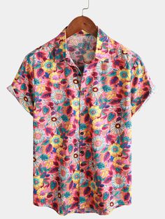 Men's Pink Floral 100% Cotton Breathable Summer Short Sleeve Hawaiian Casual Printed Summer Shirt, Casual Printed Camp Shirt For Summer, Casual Printed Hawaiian Shirt For Summer, Casual Summer Hawaiian Shirt Printed, Summer Cotton Tops For Outdoor, Cotton Summer Tops For Outdoor, Cotton Tops For Summer Outdoor Activities, Cotton Tops For Summer Outdoor, Summer Graphic Print Tops For Outdoor