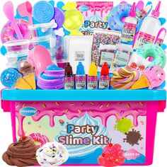 the party slime kit is packed in a pink plastic box with lots of items