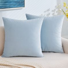 two light blue pillows sitting on top of a couch next to a vase with flowers