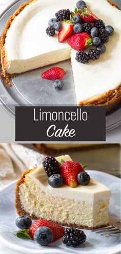 a cheesecake with berries on top and the words limoncello cake above it