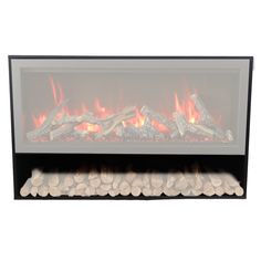 an electric fireplace with rocks and logs in it