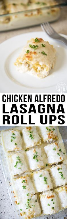 chicken alfredo lasagna roll ups on a white plate with text overlay that reads chicken alfredo lasagna roll ups