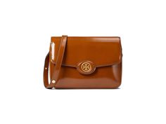 Tory Burch Robinson Spazzolato Convertible Shoulder Bag - Handbags : Dark Sienna : Get convenience as well as style carrying the chic Tory Burch Robinson Spazzolato Convertible Shoulder Bag. Leather construction. Fold-over flap with magnetic snap closure. Adjustable crossbody strap. Brand logo hardware on the front. Brand name hardware inside. Structured design with a flat base. Nylon and polyurethane lining. Imported. Measurements: Height: 6.1 in Width Length: 8.3 in Depth: 2.4 in. Luxury Tan Crossbody Shoulder Bag, High-end Tan Bag For Formal Occasions, High-end Brown Flap Bag For Formal Occasions, High-end Brown Formal Flap Bag, High-end Formal Brown Flap Bag, Elegant Tan Flap Bag With Gold-tone Hardware, Classic Flap Bag With Removable Pouch For Shopping, Luxury Tan Crossbody Flap Bag, High-end Tan Shoulder Bag For Formal Occasions