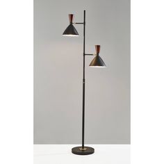 the three light floor lamp has two shades on each side and one shade is red