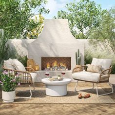 an outdoor fireplace with wicker furniture and potted plants on the patio, surrounded by greenery