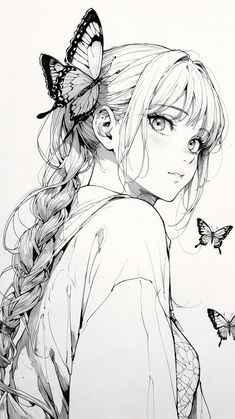 a drawing of a girl with butterflies on her head