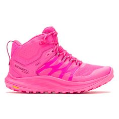 Antora 3 Mid Waterproof, Knockout Pink Pink Functional Running Shoes With Shock Absorption, Functional Trail Running Shoes With Abzorb Midsole For Outdoor, Pink Athleisure Running Shoes For Outdoor Activities, Sporty Boots With Vibram Sole, Waterproof Lace-up Running Boots With Vibram Sole, Functional Waterproof Sports Boots, Gore-tex Hiking Boots For Walking, Pink Athleisure Sneakers For Outdoor, Pink Functional Trail Running Shoes With Boost Midsole