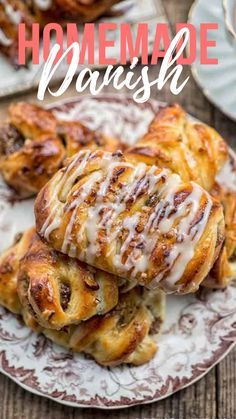 homemade danish pastries are stacked on a plate with the title overlay reads, homemade danish