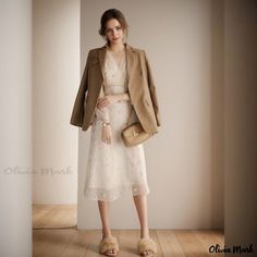 Olivia Mark - Elegant Long-Sleeve Dress Fall V-neck Midi Dress For Office, Fall A-line Midi Dress For Office, Fall Long Sleeve Office Midi Dress, Beige Long Sleeve Midi Dress For Office, Beige Midi Dress For Office In Fall, Feminine Fall Office Dresses, Spring Formal Long Sleeve Midi Dress, Long Sleeve Dresses For Spring Workwear, Office Wear Beige V-neck Midi Dress