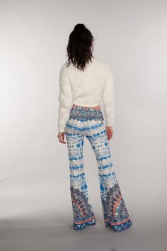 Boho, Bohemian, Print, Floral, Pants, Casual Wear, Bottoms, High Waisted Pants, Classic Pants, Festival Outfit, Multi Bohemian Non-stretch Straight Leg Bottoms, Bohemian Straight Leg Non-stretch Bottoms, Bohemian Blue Pants For Fall, Mid-rise Blue Bottoms For Fall, Bohemian Blue Straight Leg Pants, Bohemian Bottoms With Relaxed Fit And Straight Leg, Blue Straight Leg Bottoms For Fall, Blue Mid-rise Jeans With Elastic Waistband, Blue Wide Leg Pants With Elastic Waistband For Fall