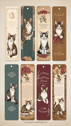 six bookmarks with cats and flowers on them, all in different colors are shown