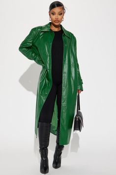 Gimme A Clue Faux Leather Trench Coat - Hunter Faux Leather Trench Coat, Long Leather Coat, Leather Trench, Leather Trench Coat, Suede Jacket, Green Jacket, Fashion Killa, Clue, Long Coat