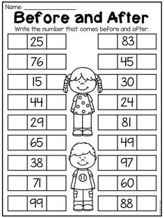 a printable worksheet for numbers to be before and after