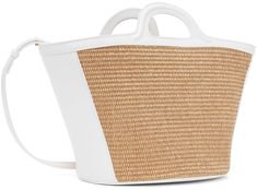 Structured woven cotton and nylon-blend top handle bag in beige and white. · Buffed calfskin trim throughout · Twin carry handles · Adjustable post-stud shoulder strap · Logo embroidered at face · Detachable drawstring pouch at interior · Zip pocket at interior · Cotton twill lining · H8.5 x W12 x D8 Supplier color: Sand storm Luxury White Shoulder Bag With Rolled Handles, Everyday White Satchel With Round Handle, Designer White Bag With Rolled Handles, Designer White Bags With Rolled Handles, White Bag With Round Handle For Everyday Use, White Bags With Double Rolled Handles, White Shoulder Bag With Double Rolled Handles, Modern White Shoulder Bag With Rolled Handles, White Double Handle Bags With Rolled Handles