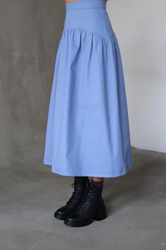 Light Blue Midi Skirt Fall Cotton Skirt Flared A Line Skirt Romantic Drop Waist Skirt For Women Victorian High Waisted Tiered Skirt Yoke Skirt Stylish blue midi skirt. A line cotton skirt back YKK zipper closure and button.  Victorian skirt. Romantic skirt with an original curly yoke. Fall flared skirt for women Occasions: daily, vacation, wedding, casual, outdoor, holiday, party, evening, back to school skirt Composition: 95% cotton, 5% elastane. Pleasant to the touch and breathing material. Co Solid Color Full Ruffled Skirt, Blue Relaxed Skirt With Solid Color, Blue Solid Color Skirt, Flowy Solid Color Mini Skirt, Blue Gathered Mini Skirt, Relaxed Lined Maxi Skirt, Gathered Full Mini Skirt, Solid Color Tiered Skirt With Pockets, Blue Mini Skirt With Gathered Detail