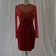 92% Polyester/ 8% Lycra/ Sequins Armpit To Armpit: 16" Waist: 14.5"2 Total Length: 34" New Without Tag Blu2bow28chr Red Long Sleeve Lined Dress, Lined Long Sleeve Cocktail Dress, Red Sheer Mini Length Dress, Red Long Sleeve Dress With Fitted Bodice, Red Long Sleeve Dresses With Fitted Bodice, Red Sheer Mini Dress, Red Fitted Long Sleeve Mini Dress, Red Sheer Mini Dress For Spring, Red Sheer Dress For Date Night