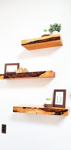 three wooden shelves with plants and pictures on them