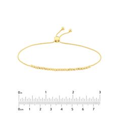 Add a timeless touch to your outfit with a bolo bracelet. Dainty and feminine, this diamond-cut beaded bolo bracelet will become a must-have! Length: 9.50 Inches Millimeter: 1.40 Gauge: 030 Closure: Bolo Clasp Adjustable Timeless Chain Bracelet, Elegant Yellow Gold Bracelets With Sliding Knot, Elegant Yellow Gold Bracelet With Sliding Knot, Elegant Beaded Bracelets With Sliding Knot, Adjustable Yellow Gold Tennis Bracelet, Elegant Lariat Jewelry With Sliding Knot, Fine Jewelry Adjustable Flexible Bracelets, Elegant Yellow Gold Bracelets With Adjustable Length, Elegant Yellow Gold Bracelet With Adjustable Length