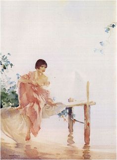 a painting of a woman sitting at a table on the beach with flowers in her hair