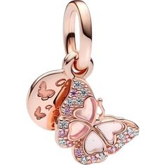 Linx 18k Rose Gold & Pink Butterfly Dangle Necklace Pendant Bracelet Charm With Clear & Pink Zircon Stones 18k Rose Gold Over 925 Sterling Silver With Beautiful Clear & Pink Zircon Stones Engraving: One Of A Kind Fits Standard Charm Bracelets Including Linx, Pandora, Gnoce, Etc. Can Also Be Used As A Beautiful Necklace Pendant. (Bracelet/Necklace Not Included) Be Sure To Check Out Our Charm Bracelets And Necklaces To Add This Charm To! We Have Silver And Rose Gold Available In A Variety Of Lengt Pink Pendant Jewelry With Charms, Feminine Pink Pendant Jewelry, Pink Gold Pendant Jewelry With Charms, Sterling Silver Jewelry With Pink Butterfly Charm, Pink Sterling Silver Jewelry With Butterfly Charm, Elegant Pendant Charms For Mother's Day, Pink Pendant Charms For Gifts, Pink Jewelry With Charms For Gift, Pink Dangling Charms For Gift