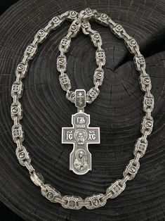 "Silver Orthodox set. Total weight 193 grams! 1️⃣ Silver chain \"Save and Preserve\" with the image of the Mother of God ✔️Weight 150 grams ✔️Size 65 cm/ 25,6 inches ✔️Width 9/8 mm ✔️The chain shows: 🔘 Mother of God 🔘Cherub and \"Save and Preserve\" 2️⃣Silver Orthodox cross Art. 0159 ✔️925 silver with blackening ✔️Weight 37 grams ✔️Size 71/32 mm (including ear) and 51/32 mm (excluding ear) ✔️The front side depicts Jesus Christ and the Virgin Mary ✔️The reverse side depicts Nicholas the Wonderw Byzantine Chain Jewelry Gift, Byzantine Chain Jewelry As Gift, Byzantine Chain Jewelry For Gifts, Byzantine Style Silver Chain Jewelry Gift, Byzantine Style Silver Chain Jewelry For Gifts, Byzantine Style Chain Jewelry For Gifts, Orthodox Cross, Mother Of God, Cross Art