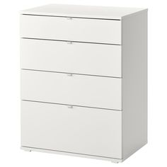 a white chest of drawers with three drawers on each side and one drawer in the middle