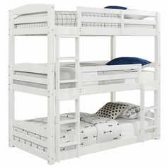 a white bunk bed with two sets of mattresses on the bottom and one side