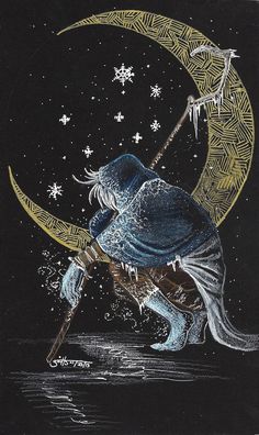 a drawing of a person sitting on the moon with an arrow in his hand and stars above