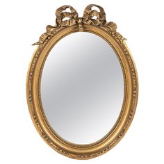 an ornate gold framed mirror on a white background, with the reflection of two birds in it