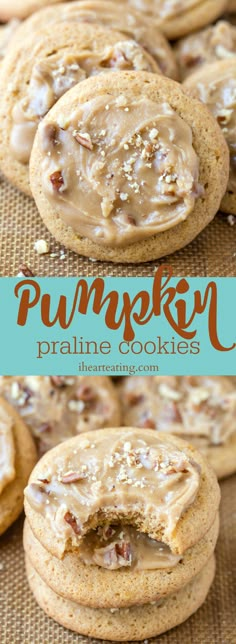 pumpkin pralie cookies with frosting and pecans in the middle are stacked on top of each other