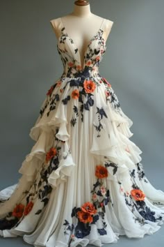 V Neck Wedding Dresses 3D Flowers Black Appliques Tiered Backless Bridal Gowns | eBay Oaxaca Wedding Dress, Orange Wedding Dress The Bride, Wedding Dresses 3d Flowers, Intricate Dress, A Line Bridal Gowns, V Neck Wedding Dress, Dream Wedding Ideas Dresses, Fantasy Gowns, Fairytale Dress