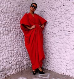 Red Maxi Dress / Loose Red Kaftan / Oversize Extravagant by Teyxo, $82.00 Summer Draped Rayon Dresses, Summer V-neck Maternity Dress For Party, Summer Party Maternity Dress With V-neck, Red Maxi Maternity Dress, Spring Draped Rayon Dress, Spring Rayon Draped Dress, Rayon V-neck Party Dress, Elegant Long Rayon Dresses, Red Maternity Summer Dress