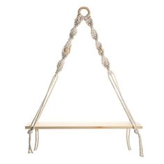 a wooden shelf with rope hanging from it's sides and two hooks on each side