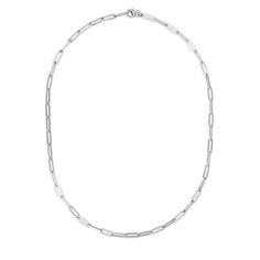 Sterling Silver Polished Flat Paperclip Chain Necklace - 24" Elongated ovals make the paperclip chain an elevated and modernized take on traditional cable-link styles.       Approx. 24"L x 1/8"W     Stamped .925; sterling silver; rhodium plating; 12.80 grams     Lobster-claw clasp Modern Metal Chain Necklace With Oval Link, Modern Oval Link Chain Necklace With Adjustable Chain, Modern Silver Chain Necklace With Link, Modern Silver Chain Link Necklace, Modern Link Chain Necklace For Formal Occasions, Modern Chain Necklace With Rectangular Links, Silver Chain Necklace With Rectangular Links, Modern Silver Chain Necklace With Rectangular Links, Modern Paperclip Chain Necklace