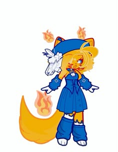 a drawing of a cat in blue and yellow clothes with a bird on its shoulder