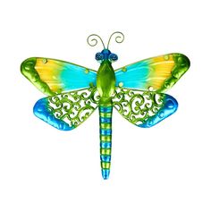 a green and blue dragonfly sitting on top of a white surface with swirly designs