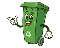 a green trash can mascot giving the thumbs up