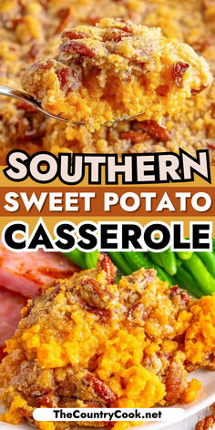 southern sweet potato casserole with bacon and green beans on the side in a white plate